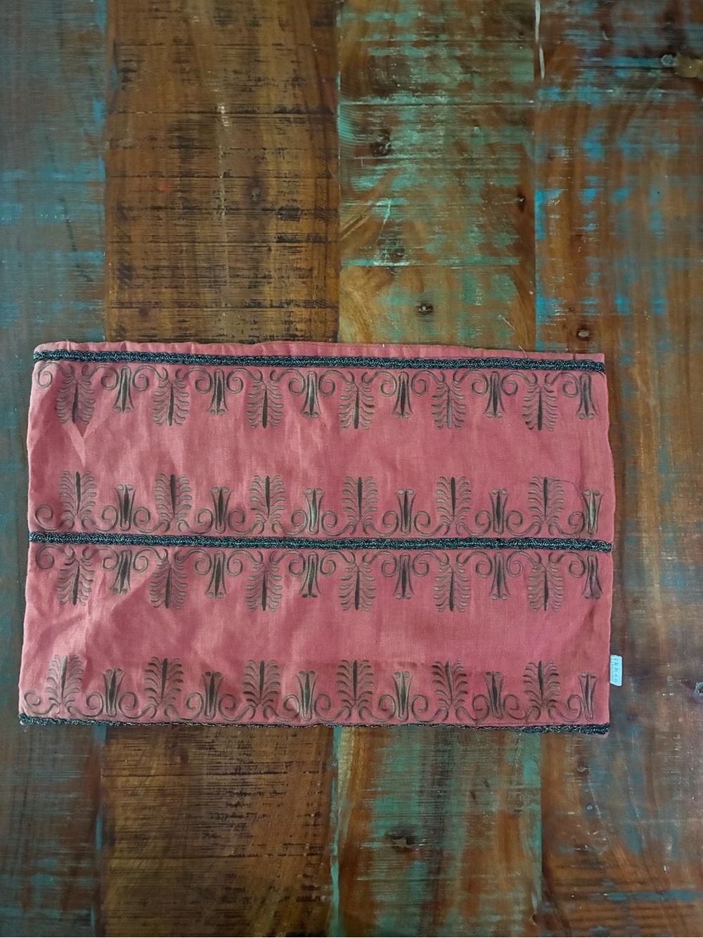 Ikhan Hand-Embroidered Lumbar Pillow Cover Terracotta Pink Boho 20x13